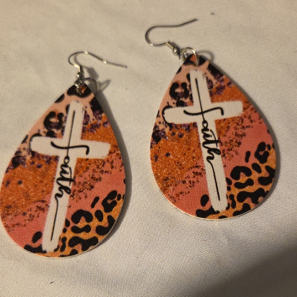 Leopard Print Teardrop Earrings with Cross Design